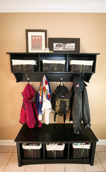 foyer makeover storage bench and shelves