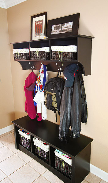 foyer makeover storage bench and shelves