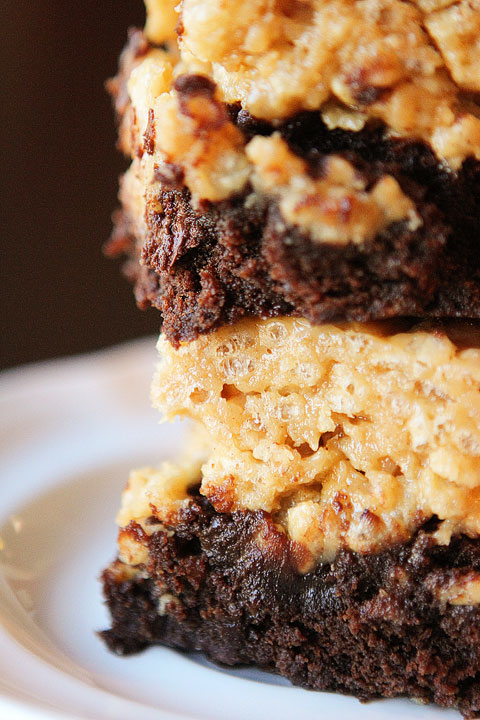 Peanut Butter Rice Krispy Treat Topped Brownies