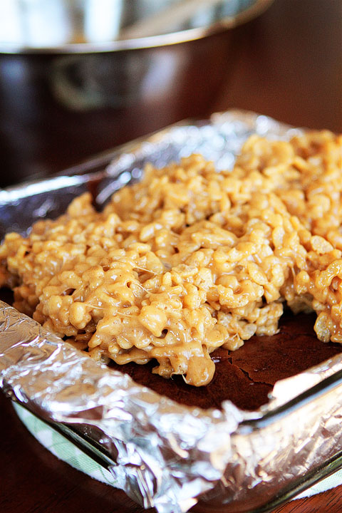 Peanut Butter Rice Krispy Treat Topped Brownies