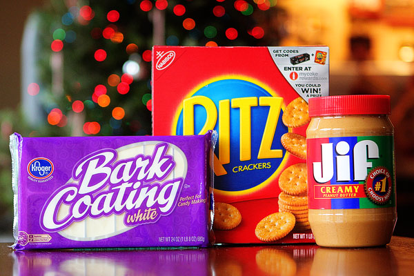 Ritz Cookies — Ritz Crackers stuffed with Peanut Butter dipped in White Chocolate
