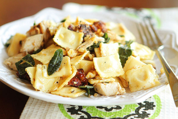 Brown Butter Ravioli with Rotisserie Chicken, Toasted Walnuts & Crispy Sage