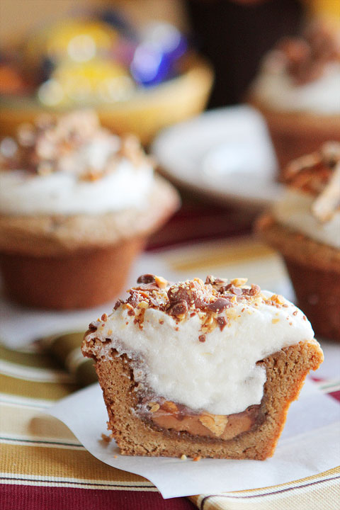 Frosted Candy Bar Stuffed Cookie Cups