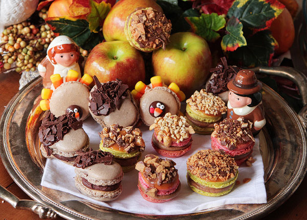 Thanksgiving Themed Holiday Macarons: Caramel Apple Macarons, Chocolate Acorns, and Chocolate Peanut Butter Candy Corn Turkeys