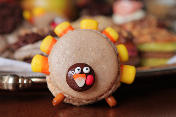 Thanksgiving Themed Holiday Macarons: Caramel Apple Macarons, Chocolate Acorns, and Chocolate Peanut Butter Candy Corn Turkeys
