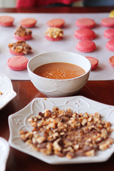 Thanksgiving Themed Holiday Macarons: Caramel Apple Macarons, Chocolate Acorns, and Chocolate Peanut Butter Candy Corn Turkeys