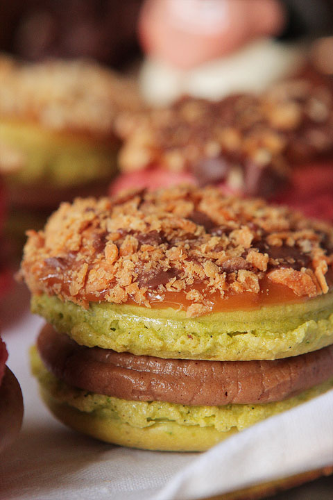 Thanksgiving Themed Holiday Macarons: Caramel Apple Macarons, Chocolate Acorns, and Chocolate Peanut Butter Candy Corn Turkeys