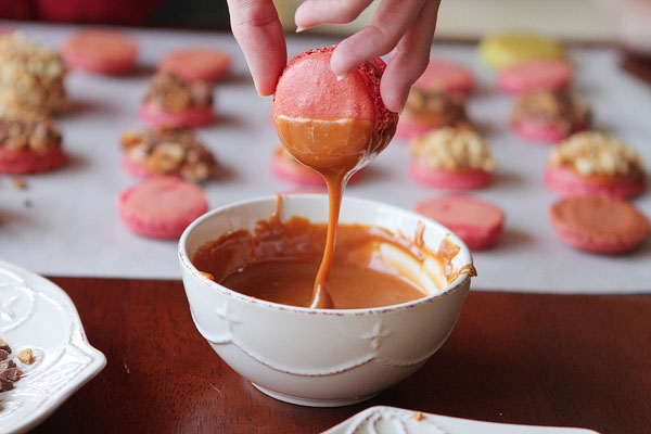 Thanksgiving Themed Holiday Macarons: Caramel Apple Macarons, Chocolate Acorns, and Chocolate Peanut Butter Candy Corn Turkeys