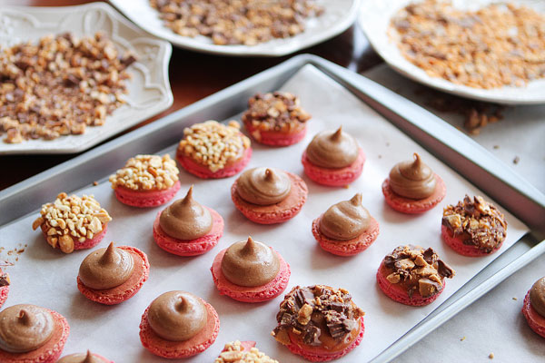 Thanksgiving Themed Holiday Macarons: Caramel Apple Macarons, Chocolate Acorns, and Chocolate Peanut Butter Candy Corn Turkeys