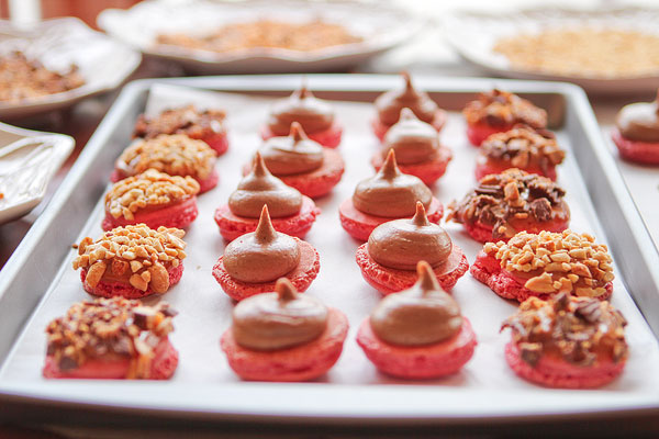 Thanksgiving Themed Holiday Macarons: Caramel Apple Macarons, Chocolate Acorns, and Chocolate Peanut Butter Candy Corn Turkeys