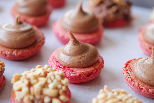 Thanksgiving Themed Holiday Macarons: Caramel Apple Macarons, Chocolate Acorns, and Chocolate Peanut Butter Candy Corn Turkeys