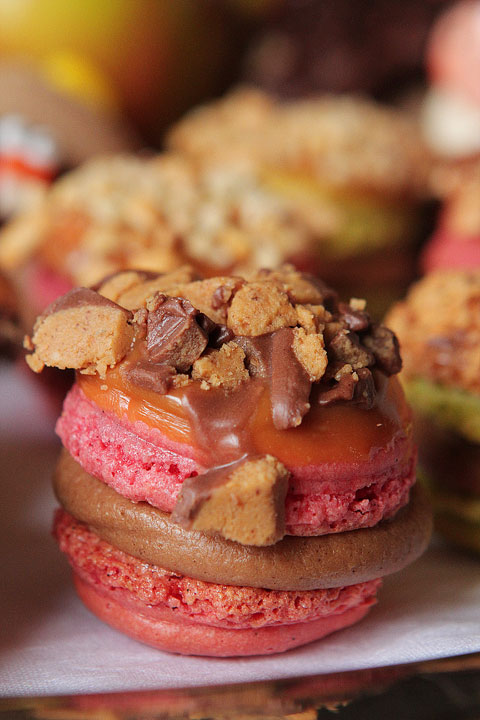 Thanksgiving Themed Holiday Macarons: Caramel Apple Macarons, Chocolate Acorns, and Chocolate Peanut Butter Candy Corn Turkeys