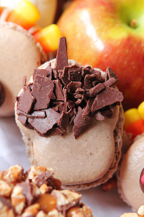 Thanksgiving Themed Holiday Macarons: Caramel Apple Macarons, Chocolate Acorns, and Chocolate Peanut Butter Candy Corn Turkeys