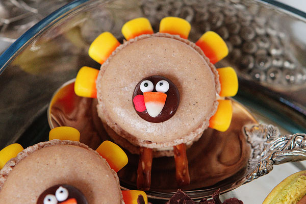 Thanksgiving Themed Holiday Macarons: Caramel Apple Macarons, Chocolate Acorns, and Chocolate Peanut Butter Candy Corn Turkeys