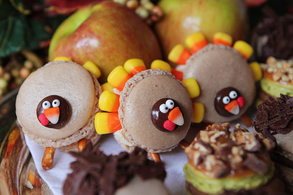 Thanksgiving Themed Holiday Macarons: Caramel Apple Macarons, Chocolate Acorns, and Chocolate Peanut Butter Candy Corn Turkeys