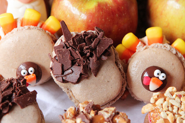 Thanksgiving Themed Holiday Macarons: Caramel Apple Macarons, Chocolate Acorns, and Chocolate Peanut Butter Candy Corn Turkeys