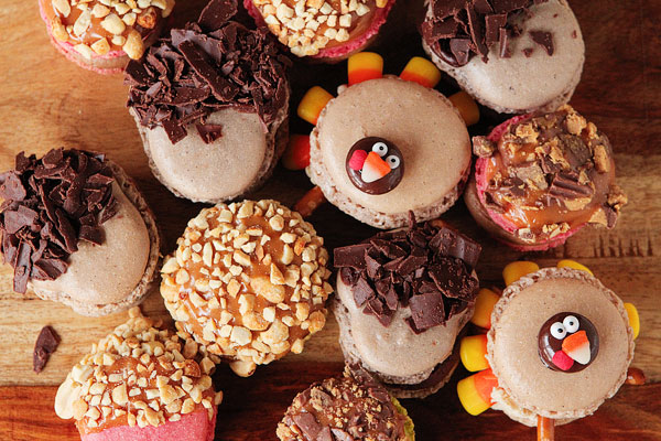 Thanksgiving Themed Holiday Macarons: Caramel Apple Macarons, Chocolate Acorns, and Chocolate Peanut Butter Candy Corn Turkeys