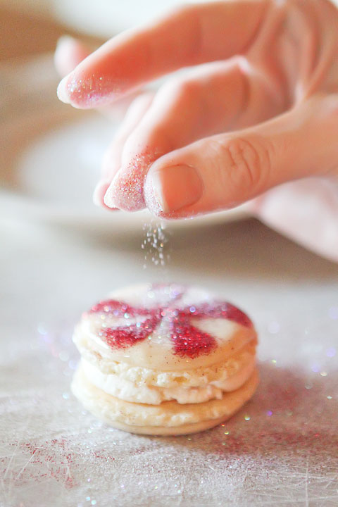 Sparkly Vanilla Bean Macarons with Three Christmas Inspired Frostings