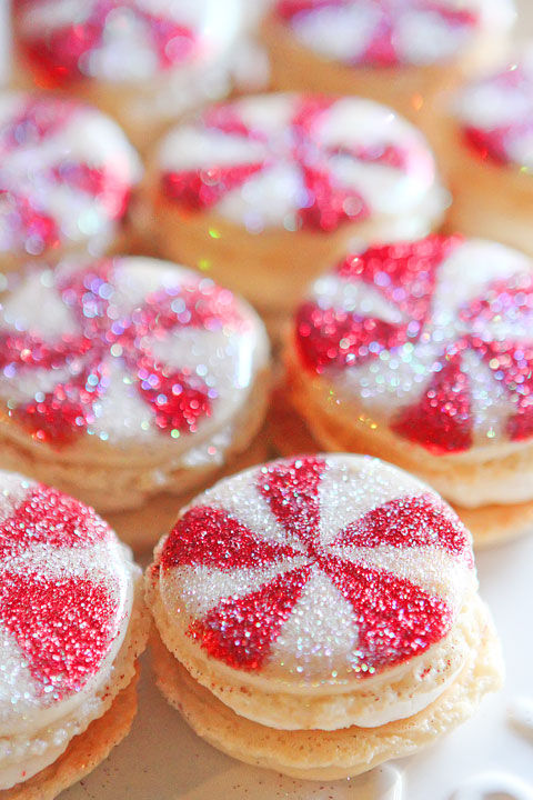 Sparkly Vanilla Bean Macarons with Three Christmas Inspired Frostings