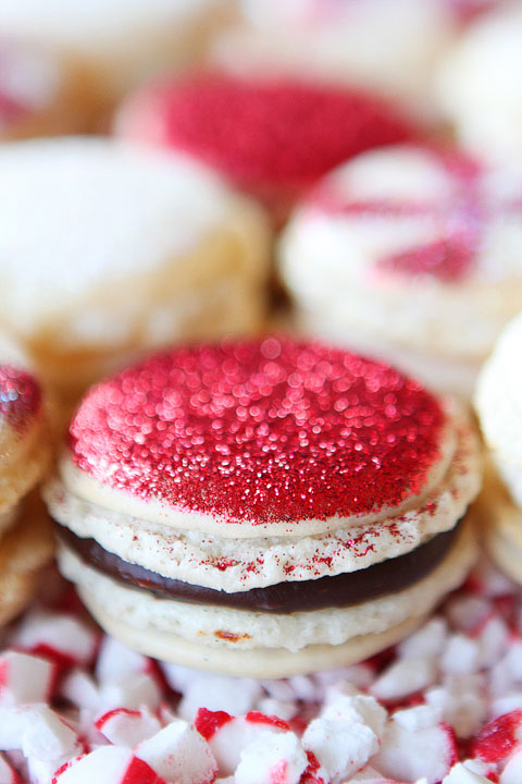 Sparkly Vanilla Bean Macarons with Three Christmas Inspired Frostings