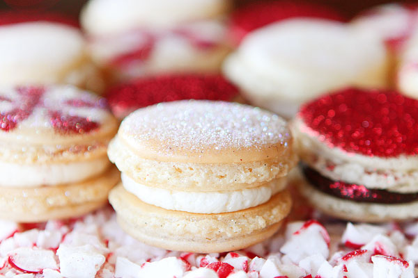 Sparkly Vanilla Bean Macarons with Three Christmas Inspired Frostings