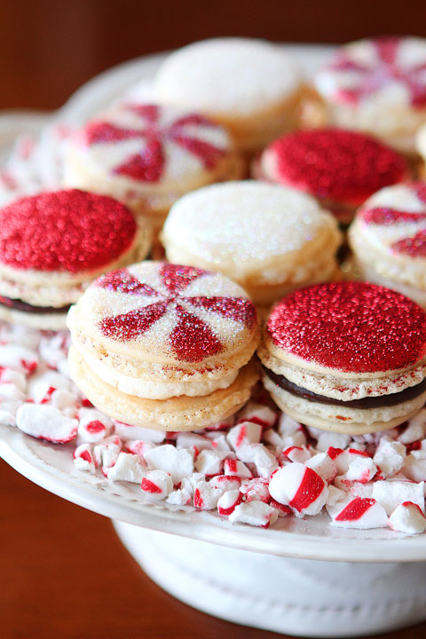 Sparkly Vanilla Bean Macarons with Three Christmas Inspired Frostings