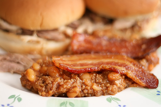 Hearty, Meaty, ULTIMATE Baked Beans - topped with bacon!