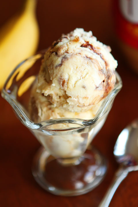 Banana Pudding Ice Cream with Peanut Butter and Chocolate Fudge Swirls