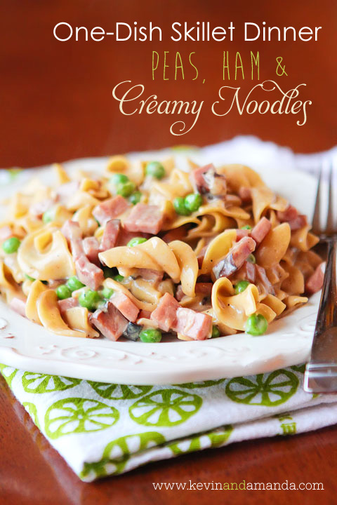 Peas, Ham, and Creamy Noodles -- A perfect, easy one dish skillet dinner, made in less than 15 mins! You even boil the noodles right in the skillet. www.kevinandamanda.com
