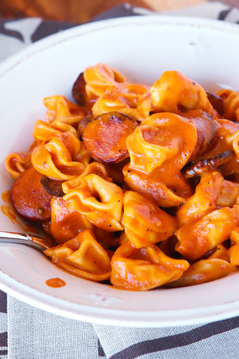 Cheesy Sausage Tortellini. One of the most popular recipes on Pinterest in 2014! Such a quick and easy dinner.
