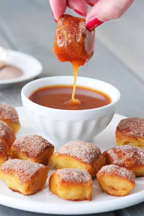 Soft Cinnamon Sugar Pretzel Bites with Salted Caramel Sauce