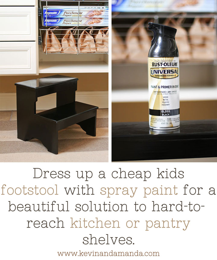 Dress up a cheap kids footstool with spray paint for a beautiful solution to hard-to-reach kitchen or pantry shelves. 