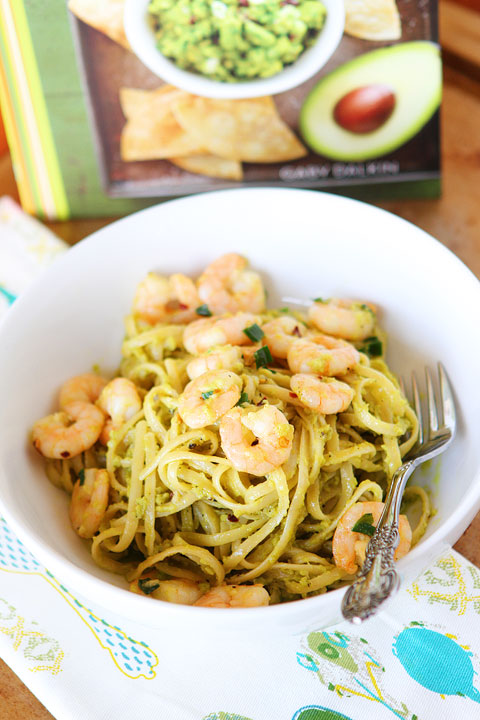 Linguine with shrimp, avocado, & parmesan cheese. Season with salt, pepper, and red pepper flakes. Easy dinner, done!