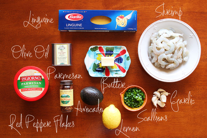 Linguine with shrimp, avocado, & parmesan cheese. Season with salt, pepper, and red pepper flakes. Easy dinner, done!