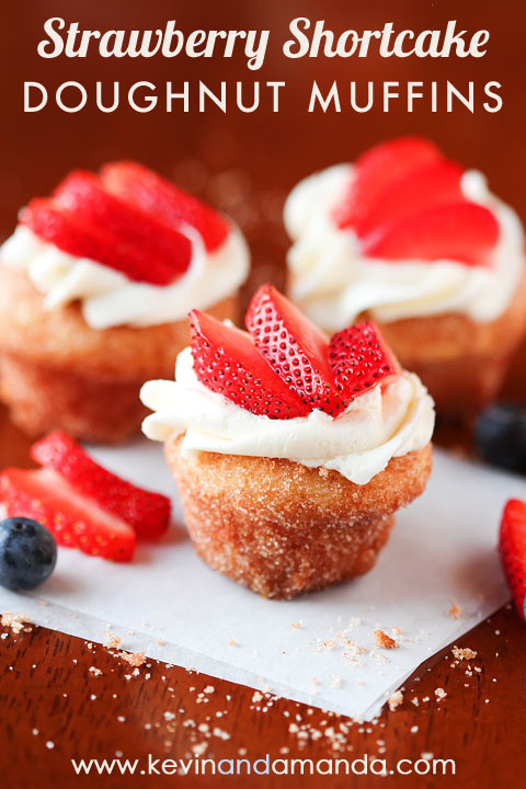 Strawberry Shortcake Doughnut Muffins. These are like little bites of HEAVEN. A muffin that tastes like a doughnut, dunked in brown butter and rolled in cinnamon sugar for a sweet, crunchy crust. Then topped with buttercream frosting and fresh cut strawberries. Amazing.