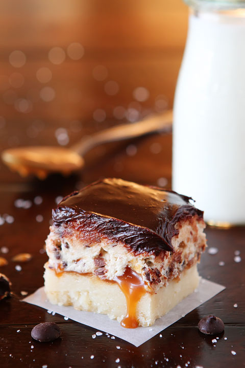 Cookie Dough Billionaire Bars. The most amazing dessert you can bring to a potluck ever. 4 Layers of Shortbread, Salted Caramel Sauce, Cookie Dough, and homemade Chocolate Ganache.