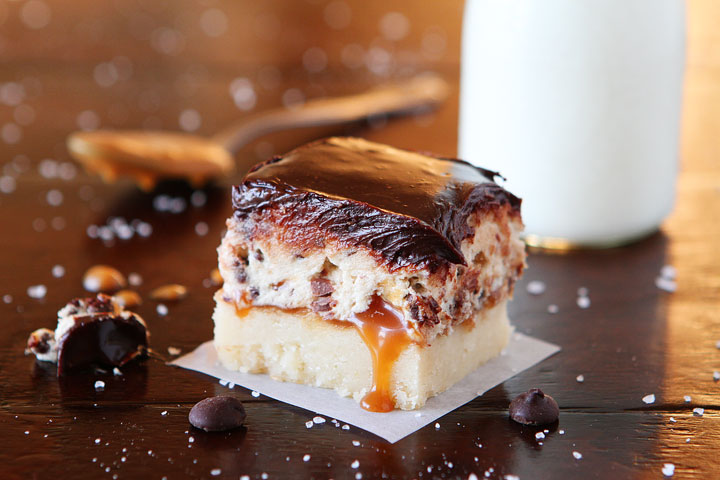 Cookie Dough Billionaire Bars. The most amazing dessert you can bring to a potluck ever. 4 Layers of Shortbread, Salted Caramel Sauce, Cookie Dough, and homemade Chocolate Ganache.