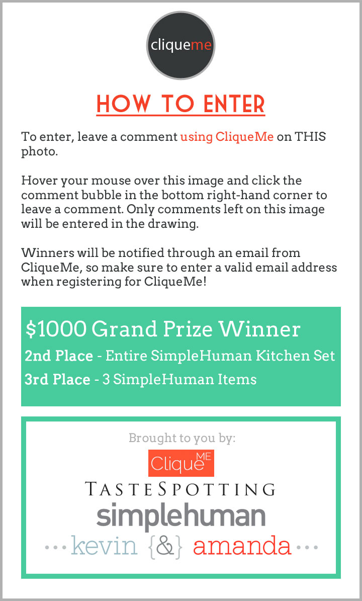 Giveaway for a chance to win a $1000 Visa Gift Card AND an entire SimpleHuman stainless steel smart kitchen makeover!! ($800+ value) It's easy to enter – there's only one entry and the giveaway is only on kevinandamanda.com. No blog hopping or thousands of “extra” entries!!
