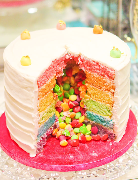 Rainbow Skittles Cake at Fortnum & Mason. Tips for Planning a London Vacation. www.kevinandamanda.com. #travel #london #england