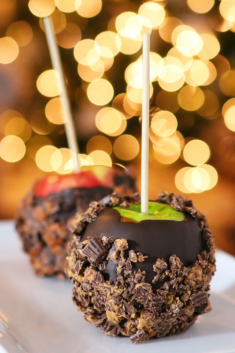 Dark Chocolate Salted Caramel Apples with crushed Reese's Cups and Butterfingers