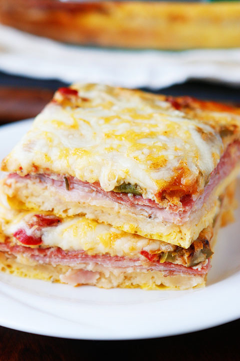 An easy, cheesy, Italian Breakfast Casserole. Layer crescent rolls, ham, salami, eggs, bell peppers and cheese, then bake for 30 mins. Perfect for breakfast, lunch, or breakfast for dinner!