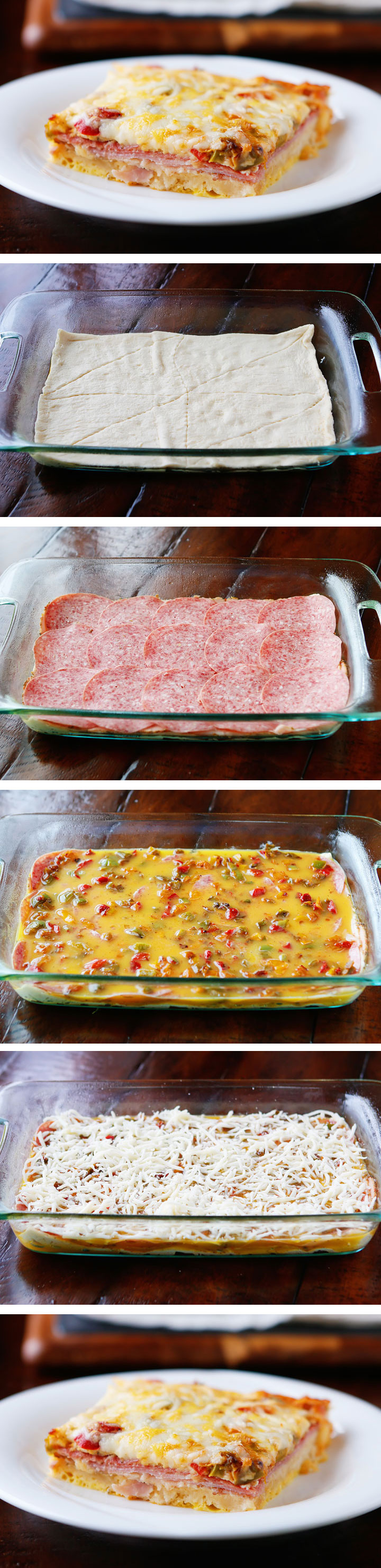 An easy, cheesy, Italian Breakfast Casserole. Layer crescent rolls, ham, salami, eggs, bell peppers and cheese, then bake for 30 mins. Perfect for breakfast, lunch, or breakfast for dinner!