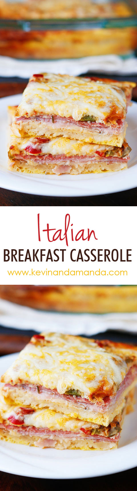 An easy, cheesy, Italian Breakfast Casserole. Layer crescent rolls, ham, salami, eggs, bell peppers and cheese, then bake for 30 mins. Perfect for breakfast, lunch, or breakfast for dinner!