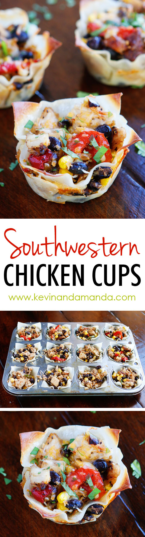 Make these fun Southwestern Chicken Cups using Wonton Wrappers in a Muffin Tin! Great for using up leftover rotisserie chicken or boneless, skinless chicken breasts. 