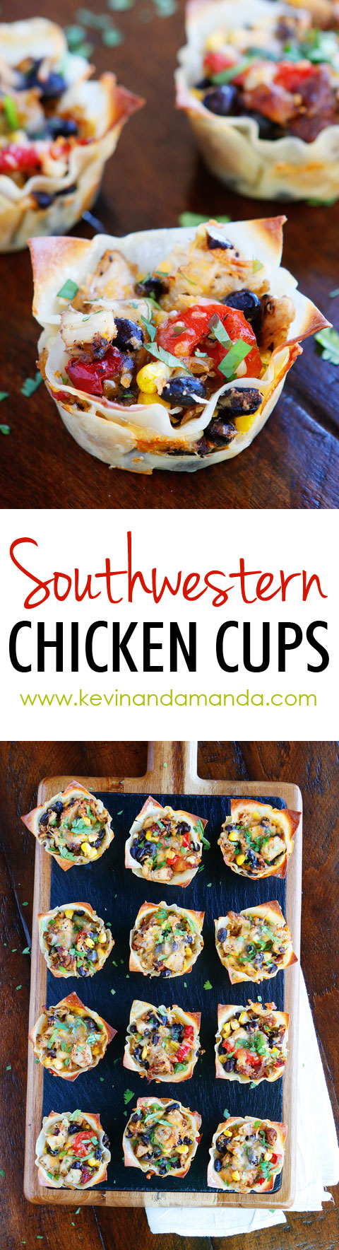 Make these fun Southwestern Chicken Cups using Wonton Wrappers in a Muffin Tin! Great for using up leftover rotisserie chicken or boneless, skinless chicken breasts. 