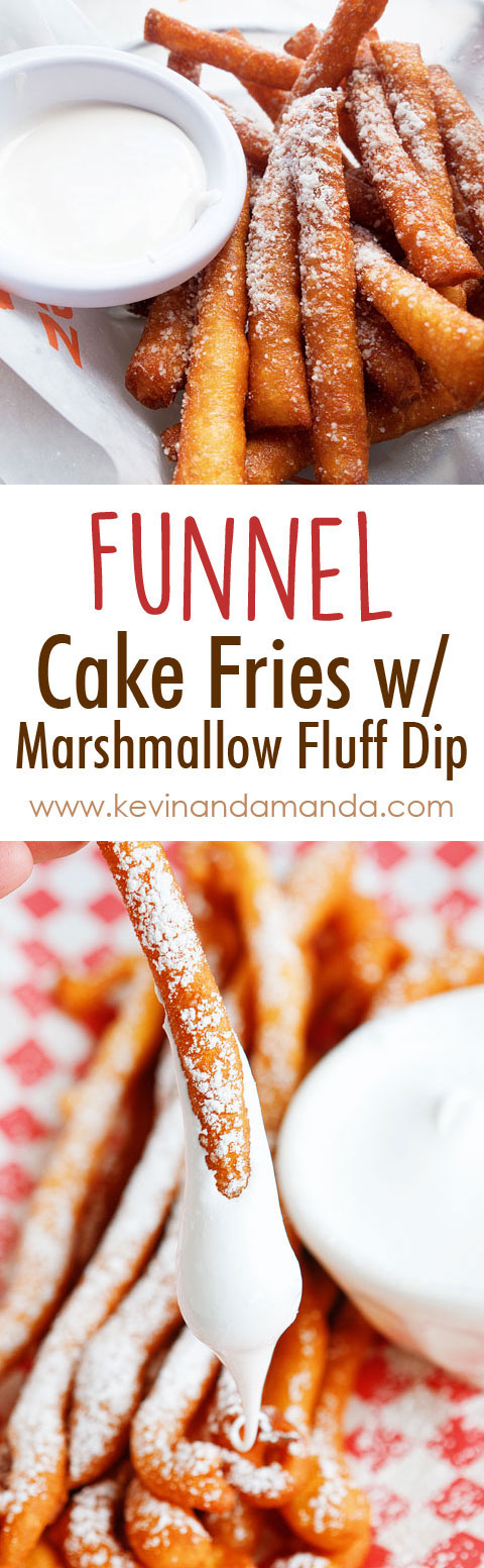 OMG these are Funnel Cake FRIES with Marshmallow Fluff Dip!! So fun!! Super easy method, what a great idea!