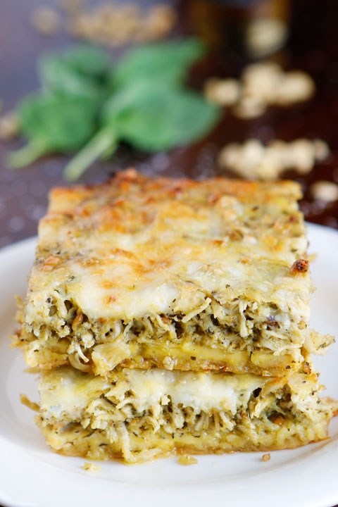 This cheesy Pesto Chicken Breakfast Casserole is the perfect savory brunch! It's so versatile you could easily serve it for lunch or dinner, too!