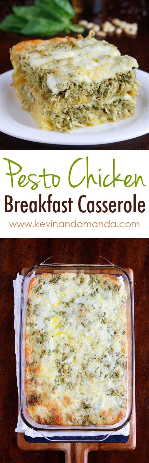 This cheesy Pesto Chicken Breakfast Casserole is the perfect savory brunch! It's so versatile you could easily serve it for lunch or dinner, too!