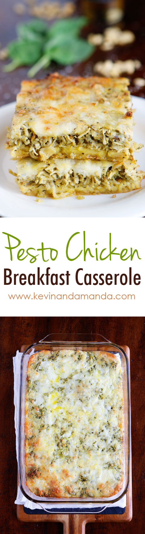 This cheesy Pesto Chicken Breakfast Casserole is the perfect savory brunch! It's so versatile you could easily serve it for lunch or dinner, too!