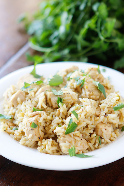 So easy! Only four ingredients. Chicken, rice, salsa verde, and chicken broth (or water). All cooks in one pot, even the rice! Perfect for a quick and easy weeknight meal.